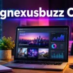 Magnexusbuzz Com colorful technology workspace with laptop and digital publishing dashboard