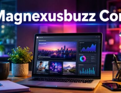 Magnexusbuzz Com colorful technology workspace with laptop and digital publishing dashboard