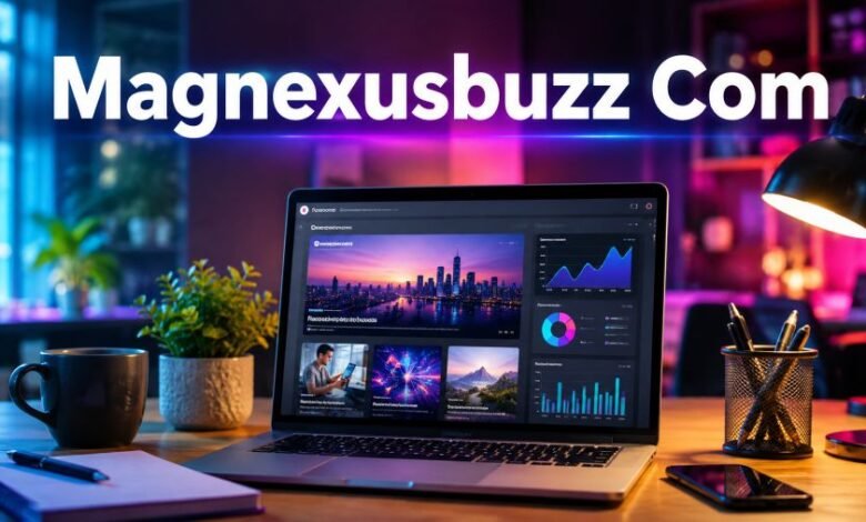 Magnexusbuzz Com colorful technology workspace with laptop and digital publishing dashboard