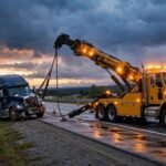 Heavy-duty rotator tow truck recovering a semi tractor-trailer on a highway shoulder at dusk