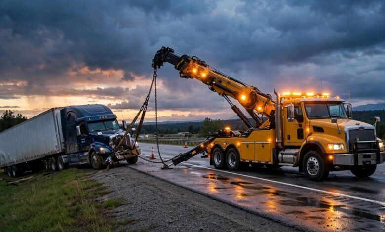 Heavy-duty rotator tow truck recovering a semi tractor-trailer on a highway shoulder at dusk